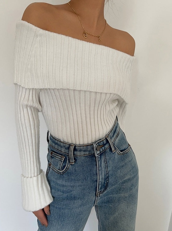 White Knit Off-Shoulder Ribbed Sweater