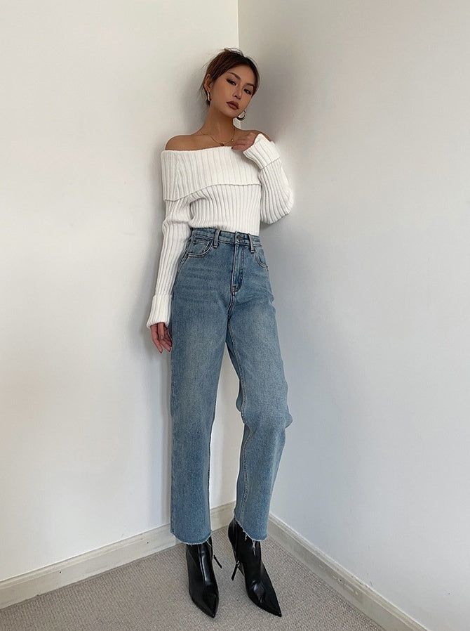 White Knit Off-Shoulder Ribbed Sweater