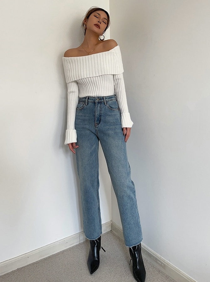 White Knit Off-Shoulder Ribbed Sweater