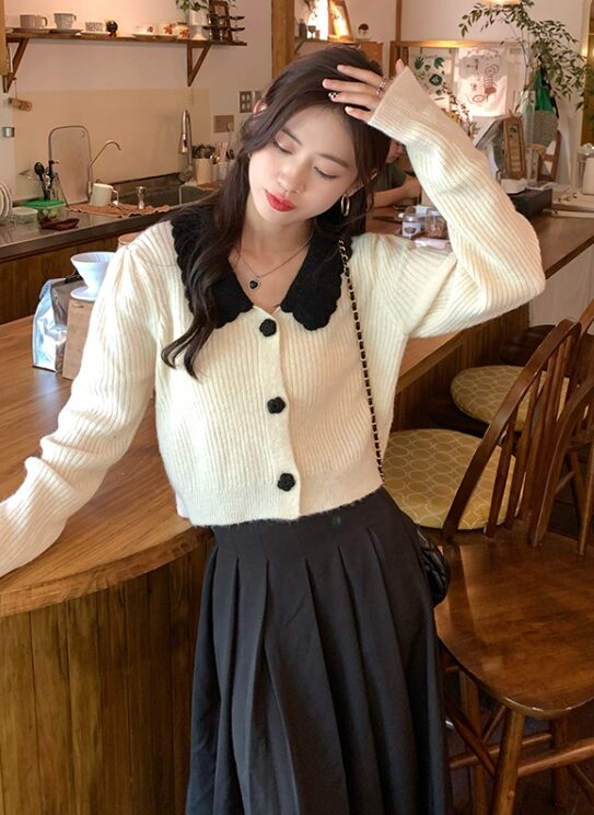 White Knitted Cardigan With Black Collar