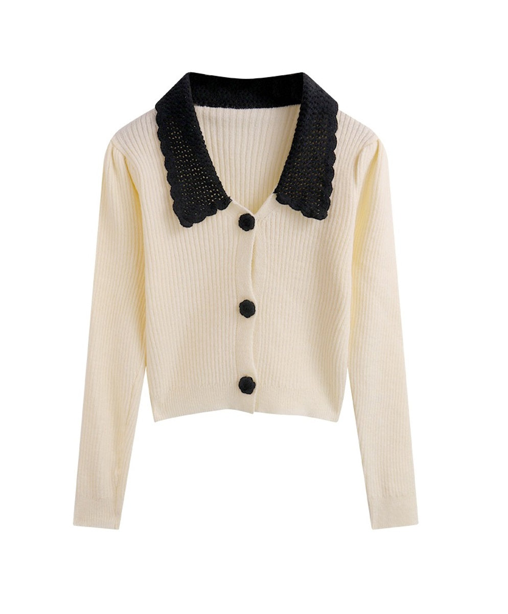 White Knitted Cardigan With Black Collar