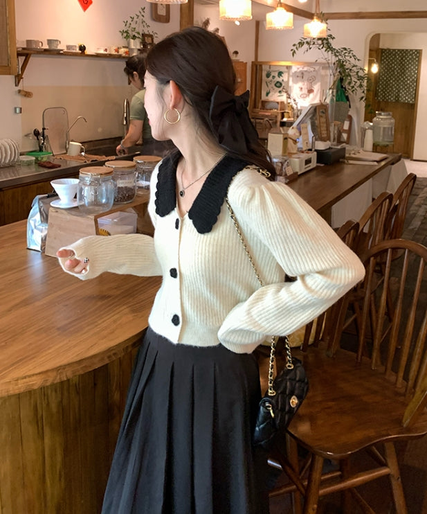 White Knitted Cardigan With Black Collar