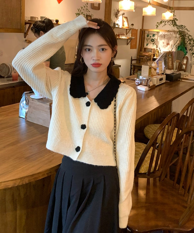 White Knitted Cardigan With Black Collar