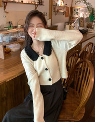 White Knitted Cardigan With Black Collar