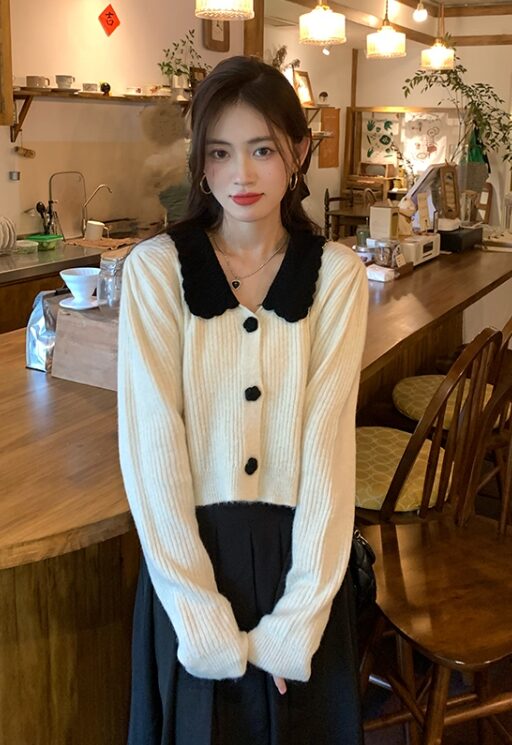 White Knitted Cardigan With Black Collar