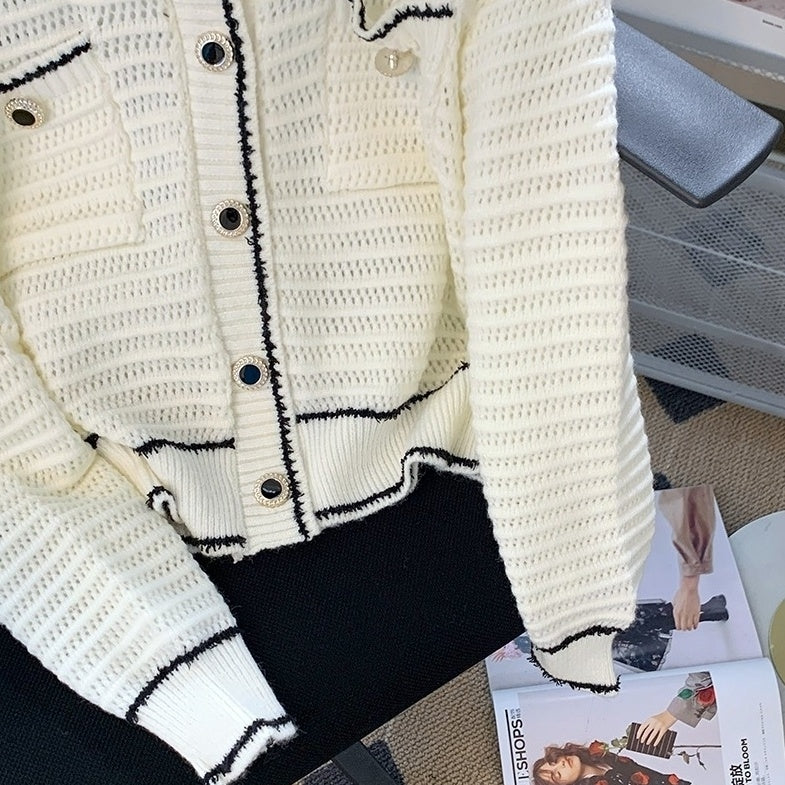 White Knitted Outlined Cardigan