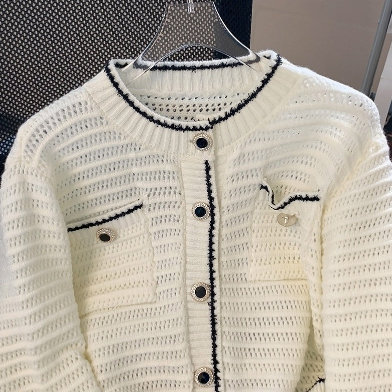 White Knitted Outlined Cardigan