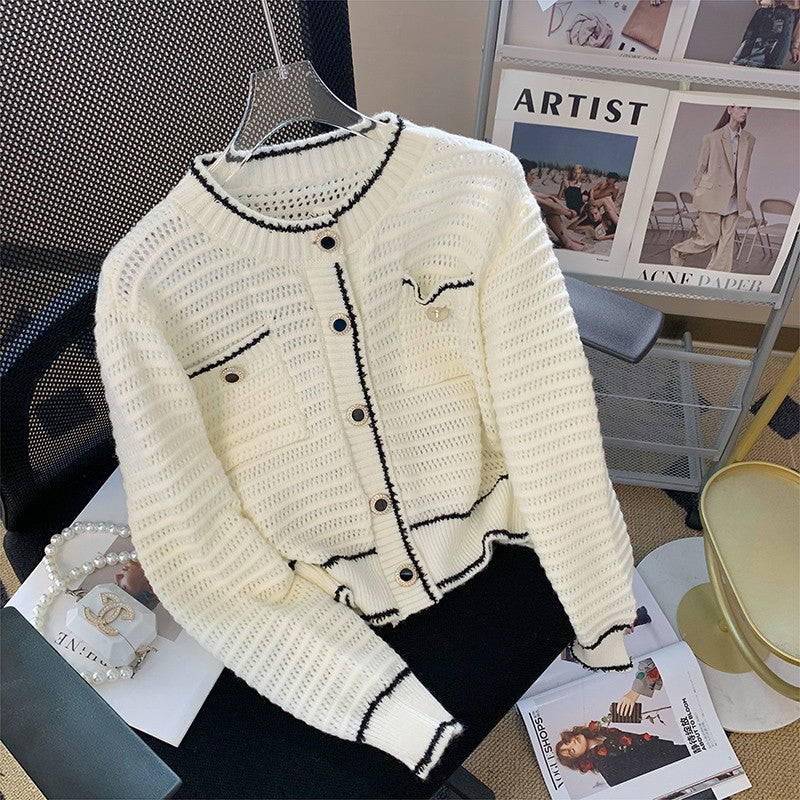 White Knitted Outlined Cardigan