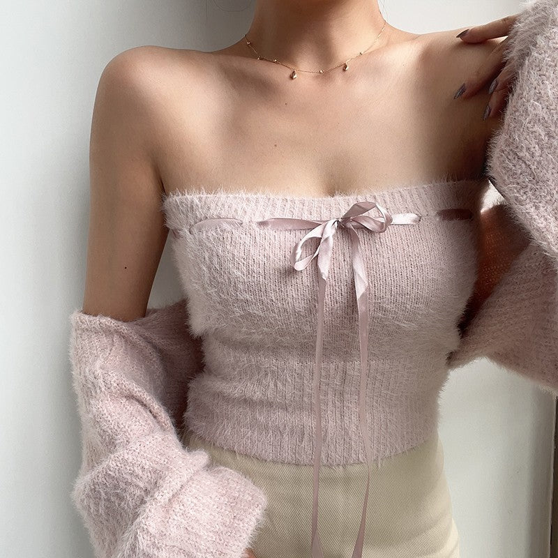 Pink Knitted Tube Top And Cardigan