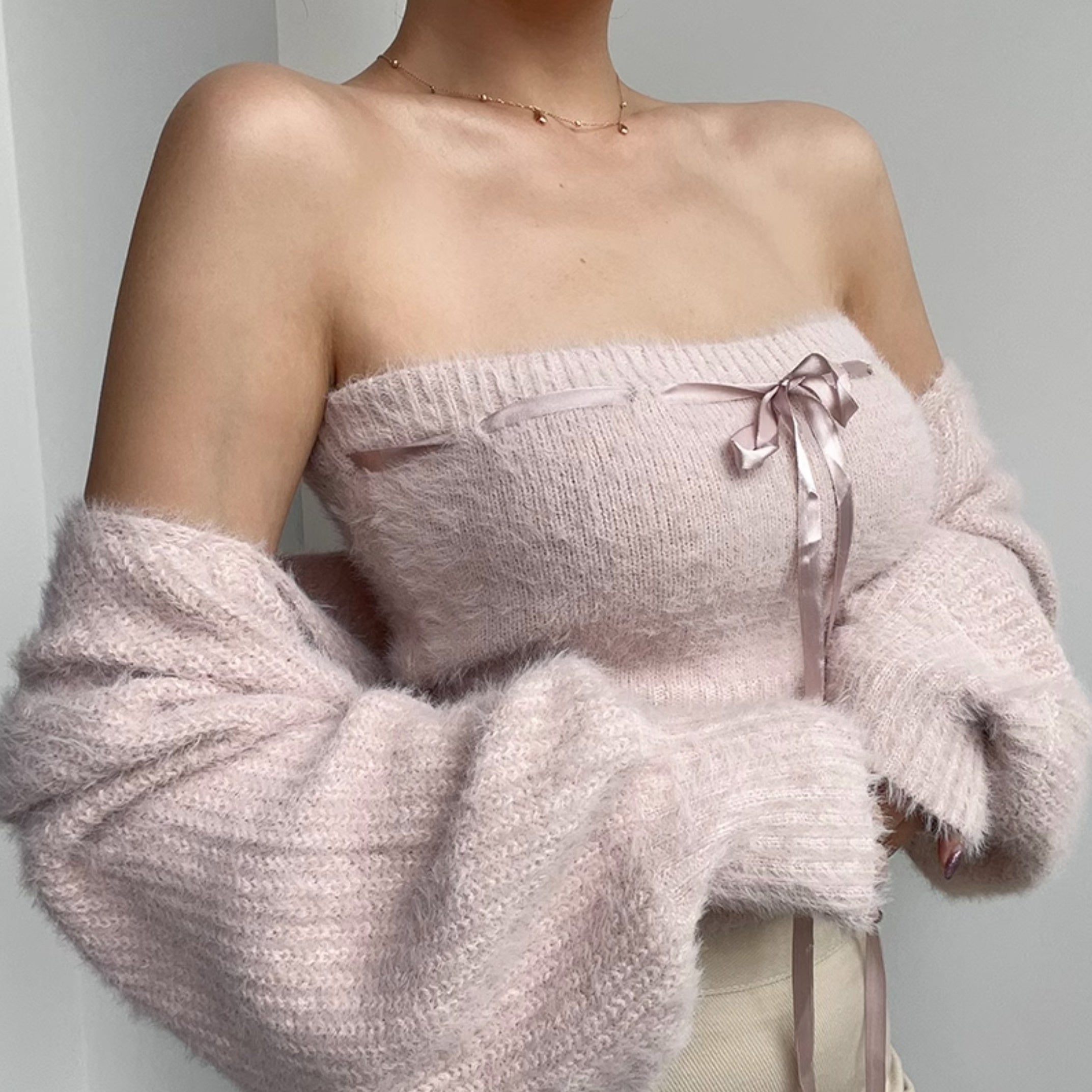 Pink Knitted Tube Top And Cardigan