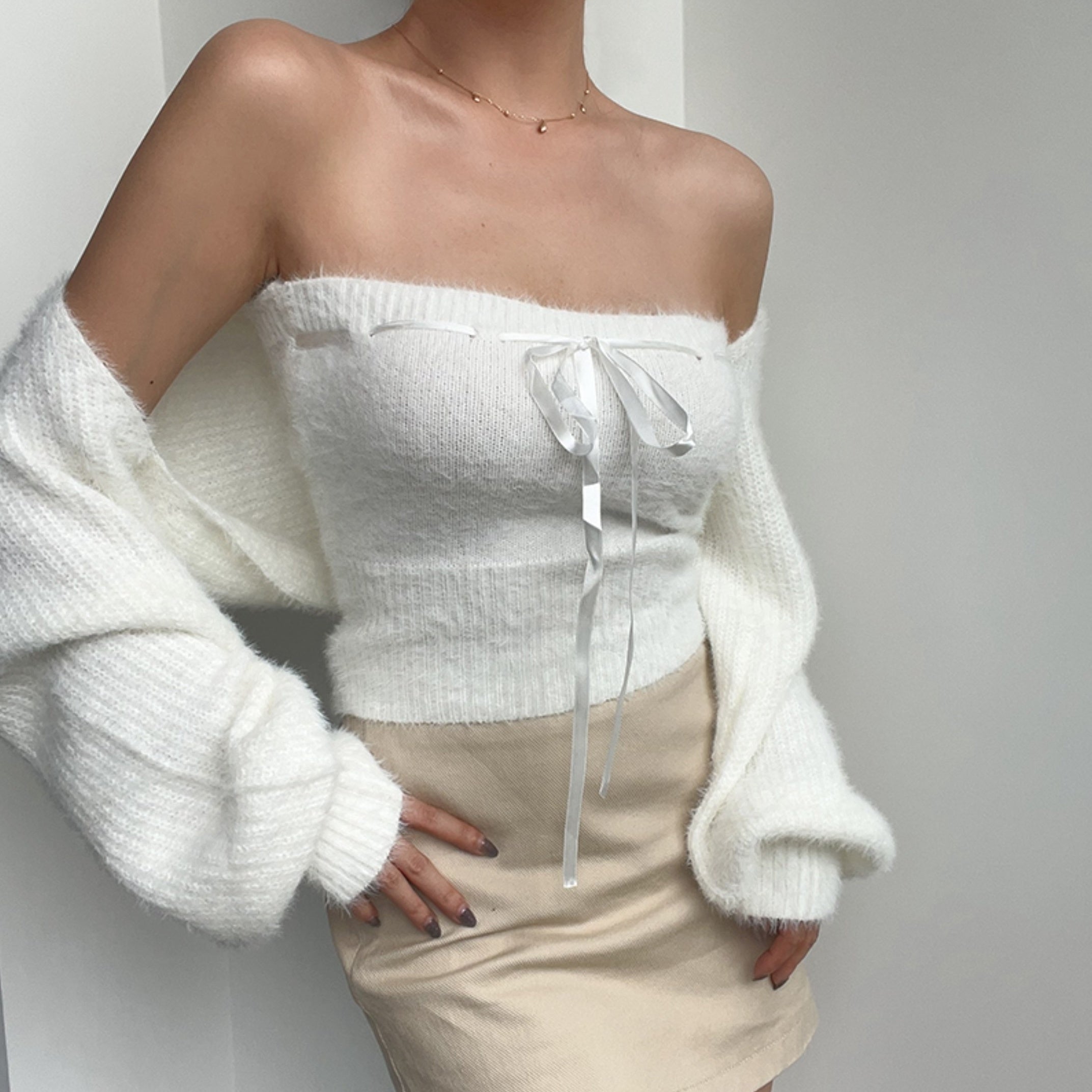 White Knitted Two-Piece Cardigan