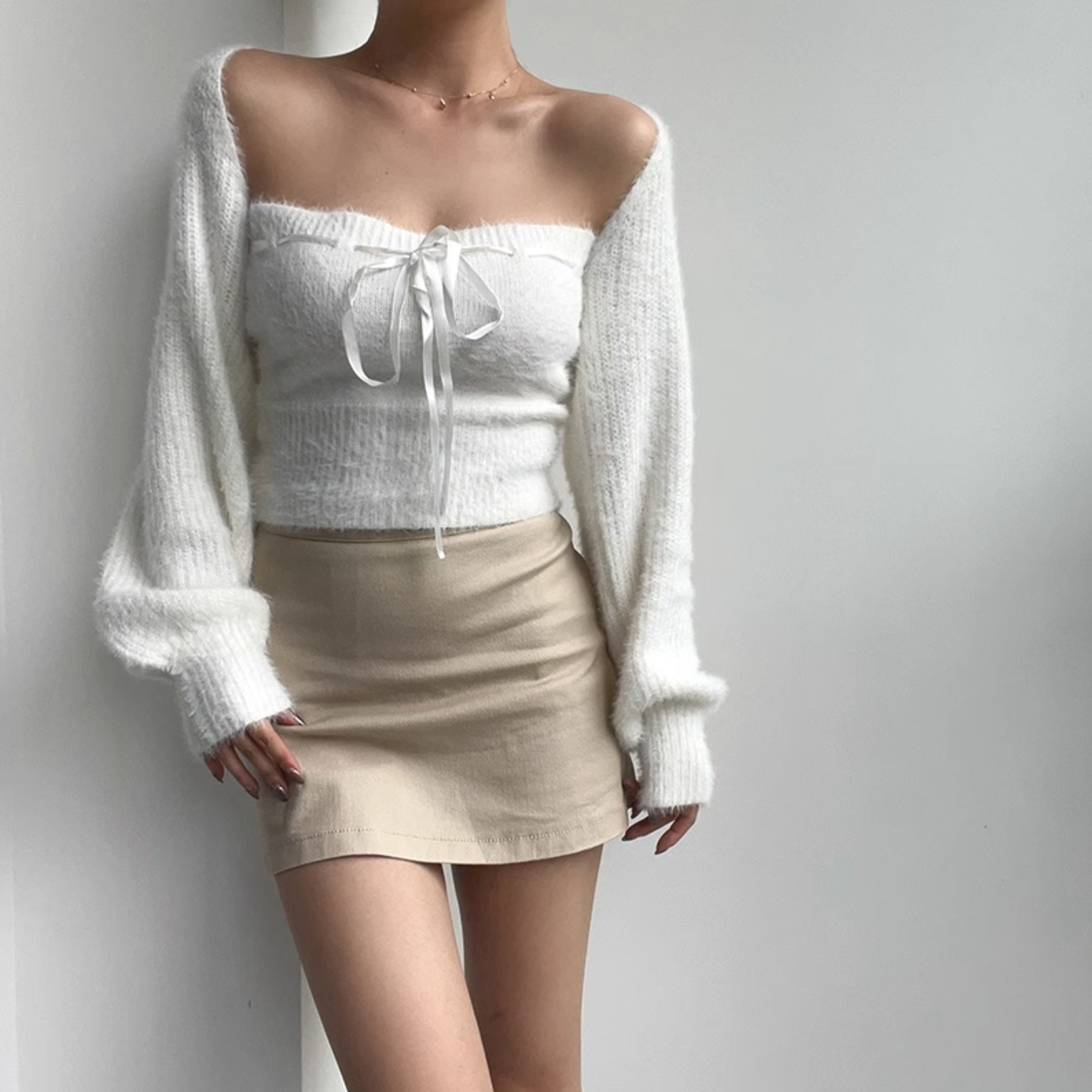White Knitted Two-Piece Cardigan