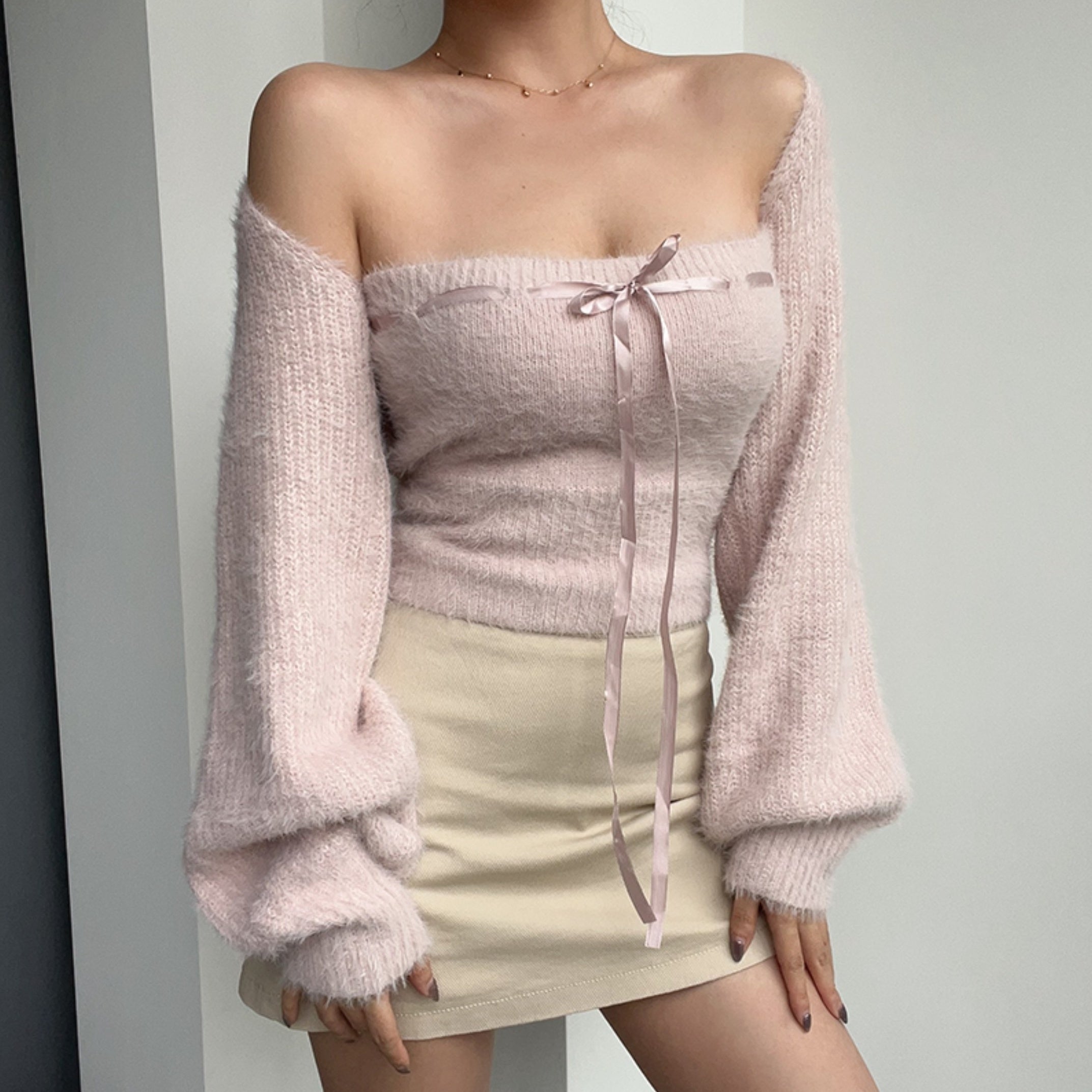 Pink Knitted Tube Top And Cardigan