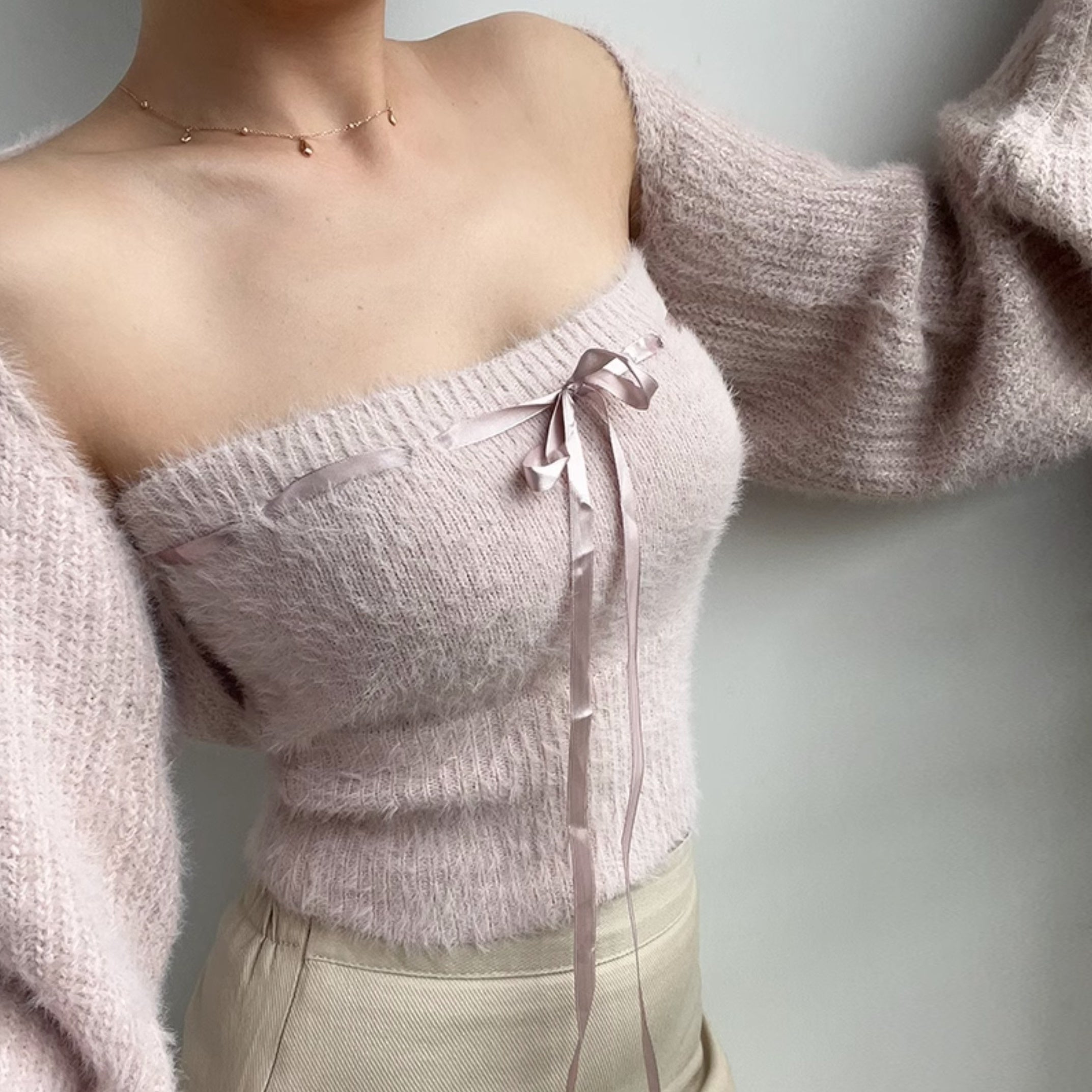 Pink Knitted Tube Top And Cardigan