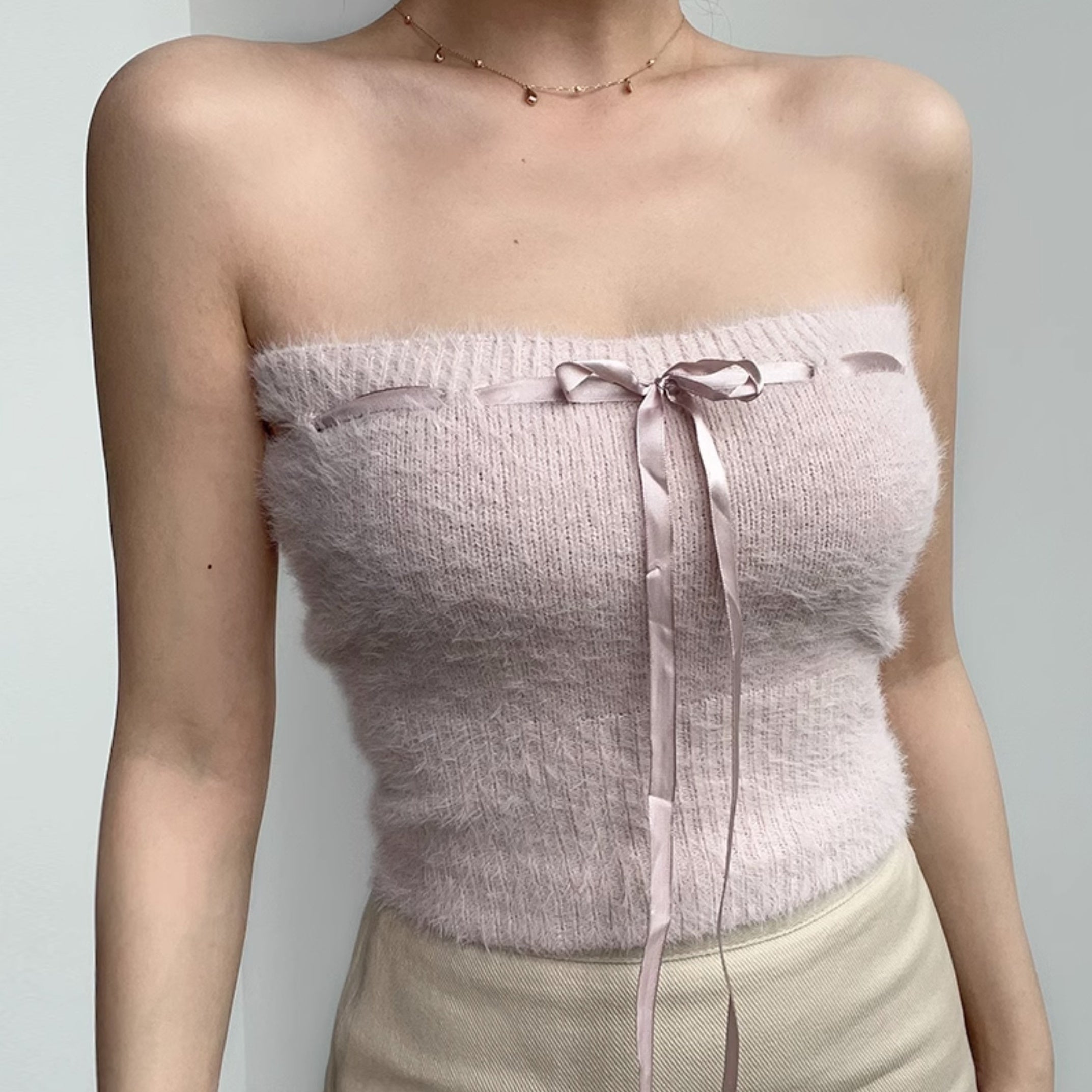 Pink Knitted Tube Top And Cardigan