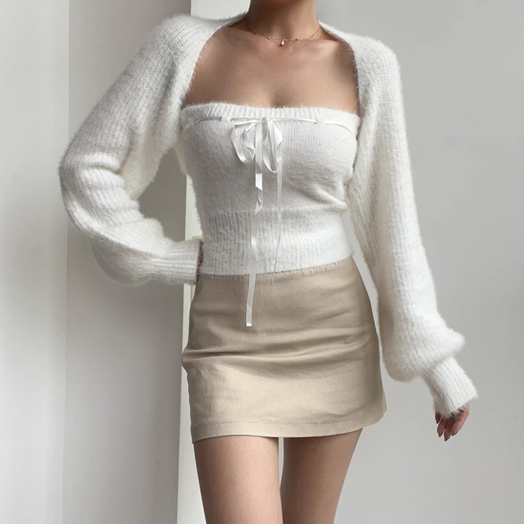 White Knitted Two-Piece Cardigan