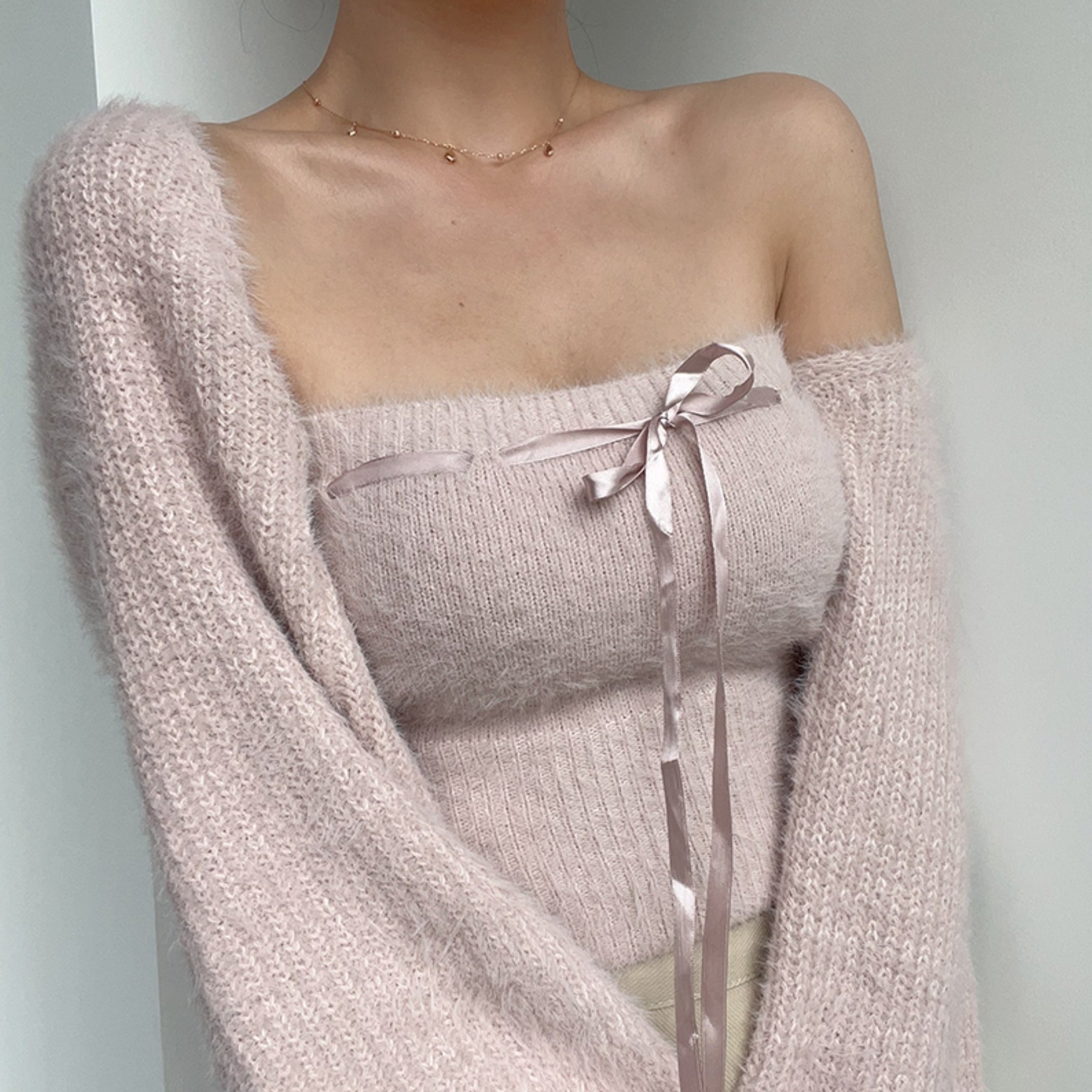 Pink Knitted Tube Top And Cardigan
