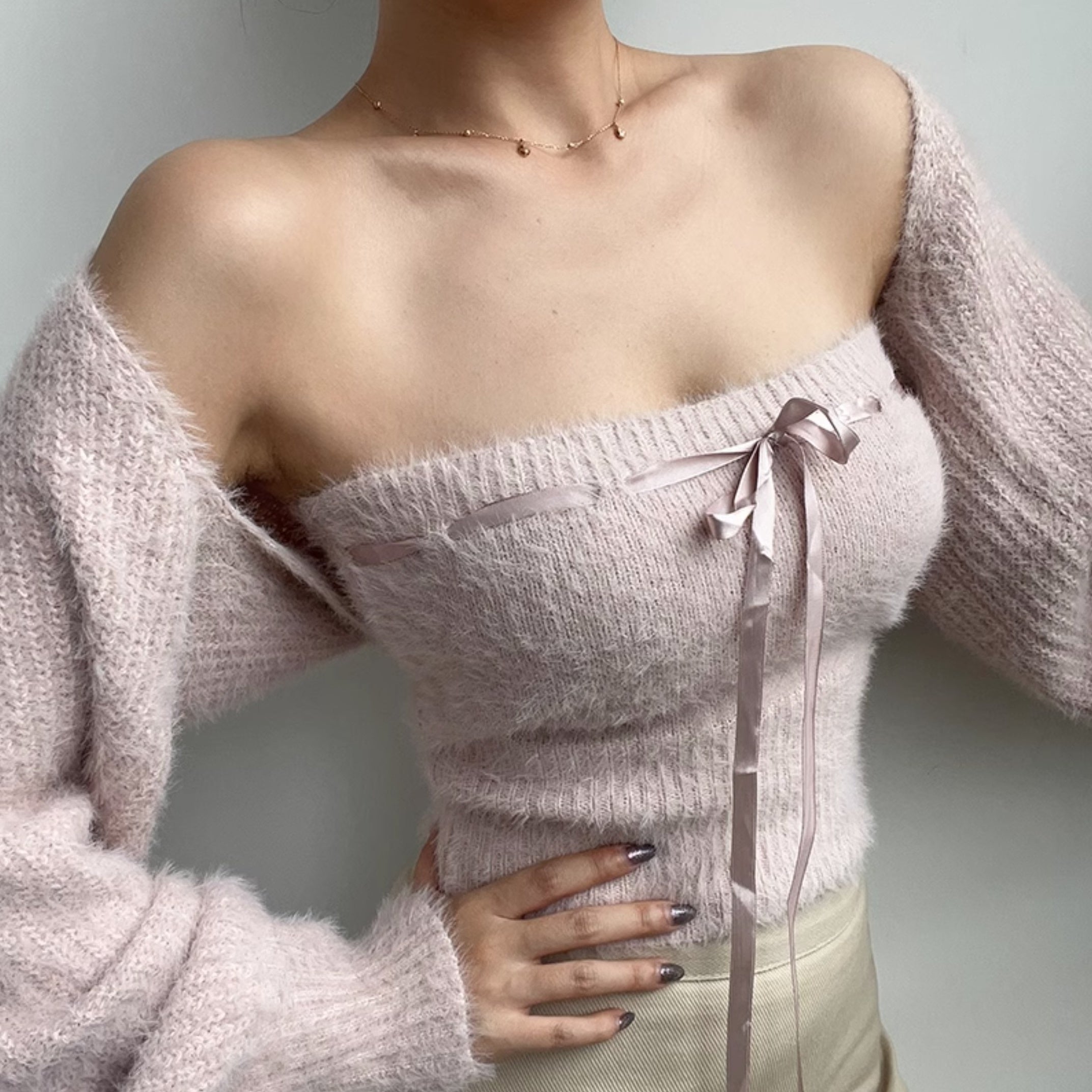 Pink Knitted Tube Top And Cardigan