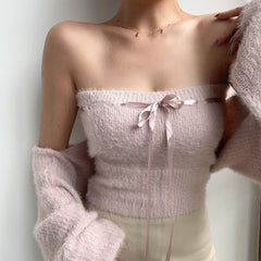 Pink Knitted Tube Top And Cardigan
