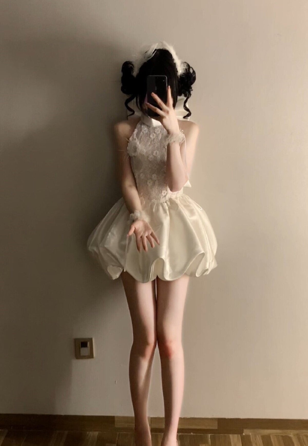 White Lace Halter Bubble Mini Dress