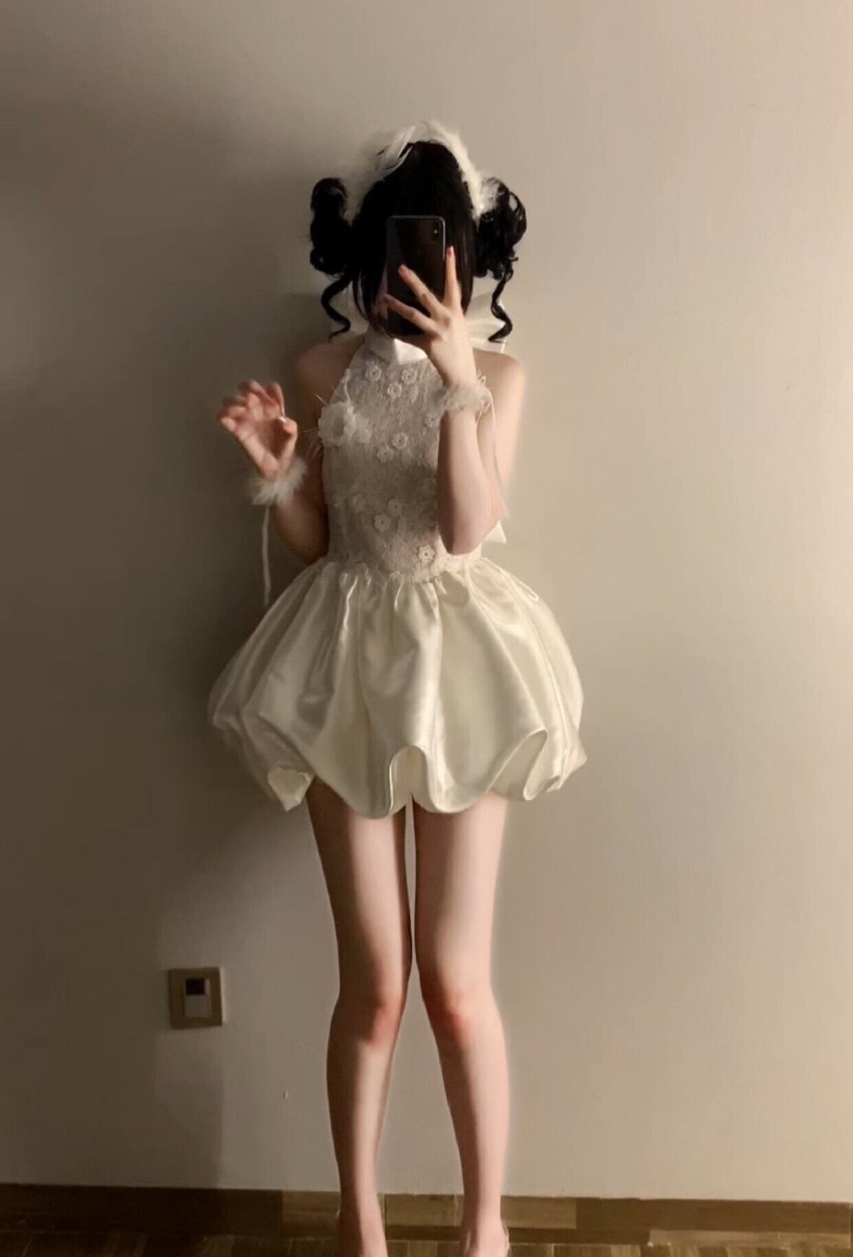 White Lace Halter Bubble Mini Dress