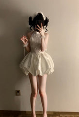 White Lace Halter Bubble Mini Dress