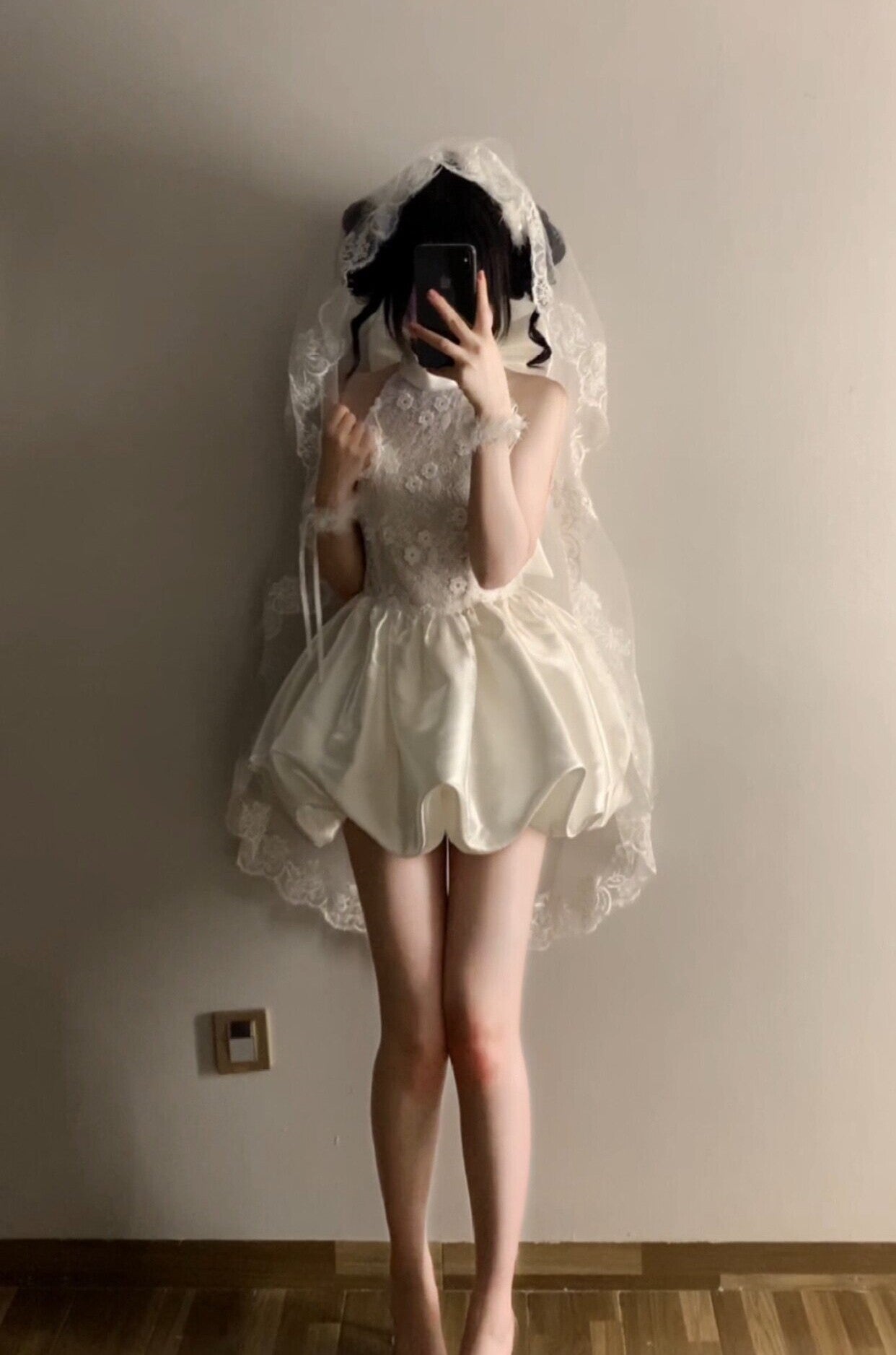 White Lace Halter Bubble Mini Dress