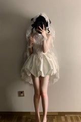 White Lace Halter Bubble Mini Dress