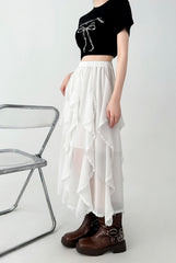 White Lace Midi Skirt Flowy Irregular Hem