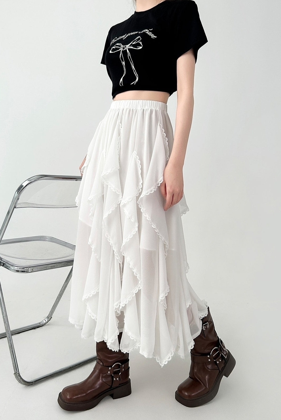 White Lace Midi Skirt Flowy Irregular Hem