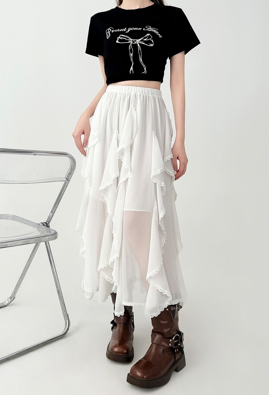 White Lace Midi Skirt Flowy Irregular Hem