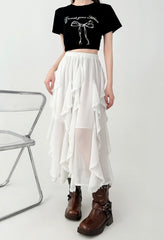 White Lace Midi Skirt Flowy Irregular Hem
