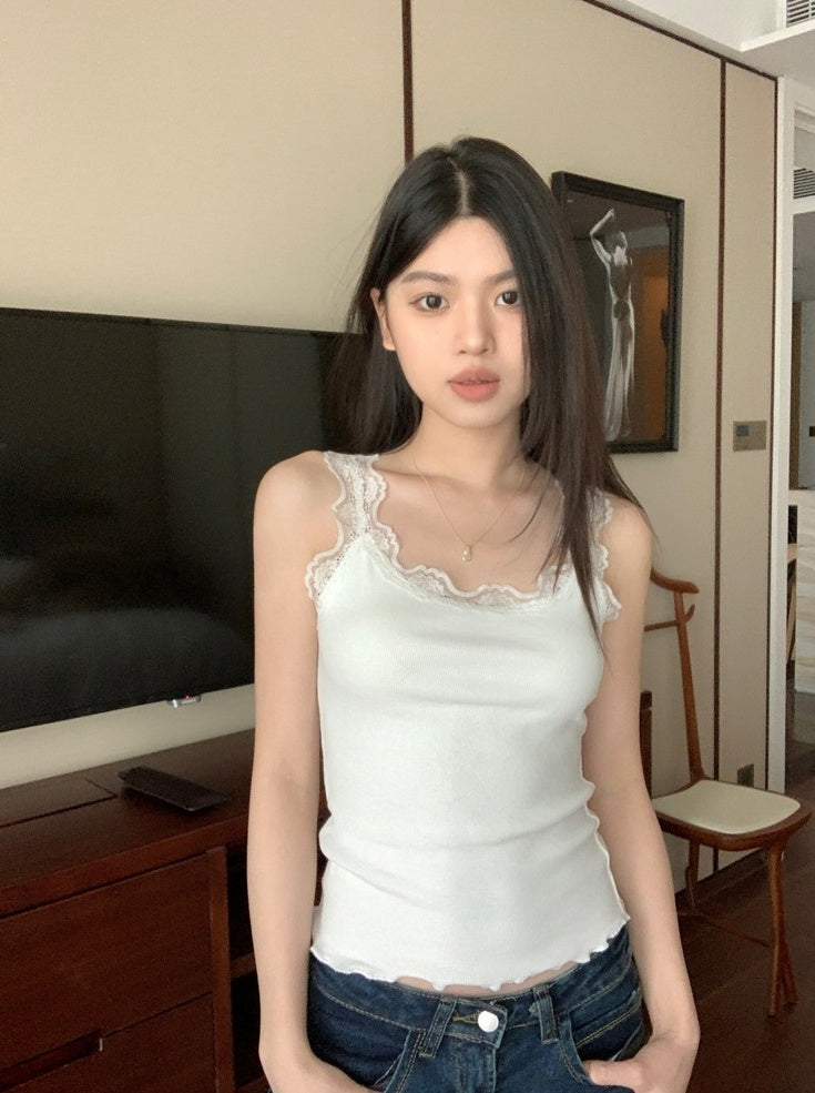 White Lettuce Edge Lace Camisole Top