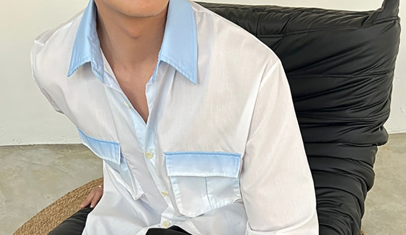 White Long Sleeves Shirt With Blue Ombre Details