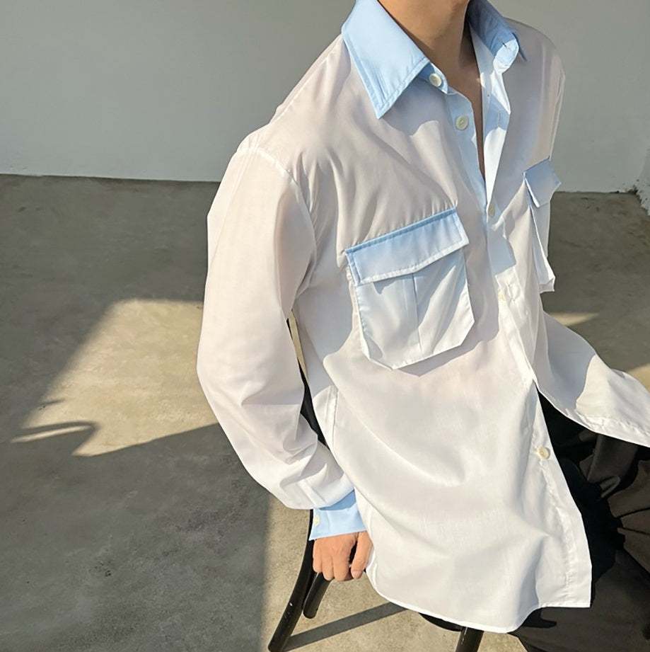 White Long Sleeves Shirt With Blue Ombre Details