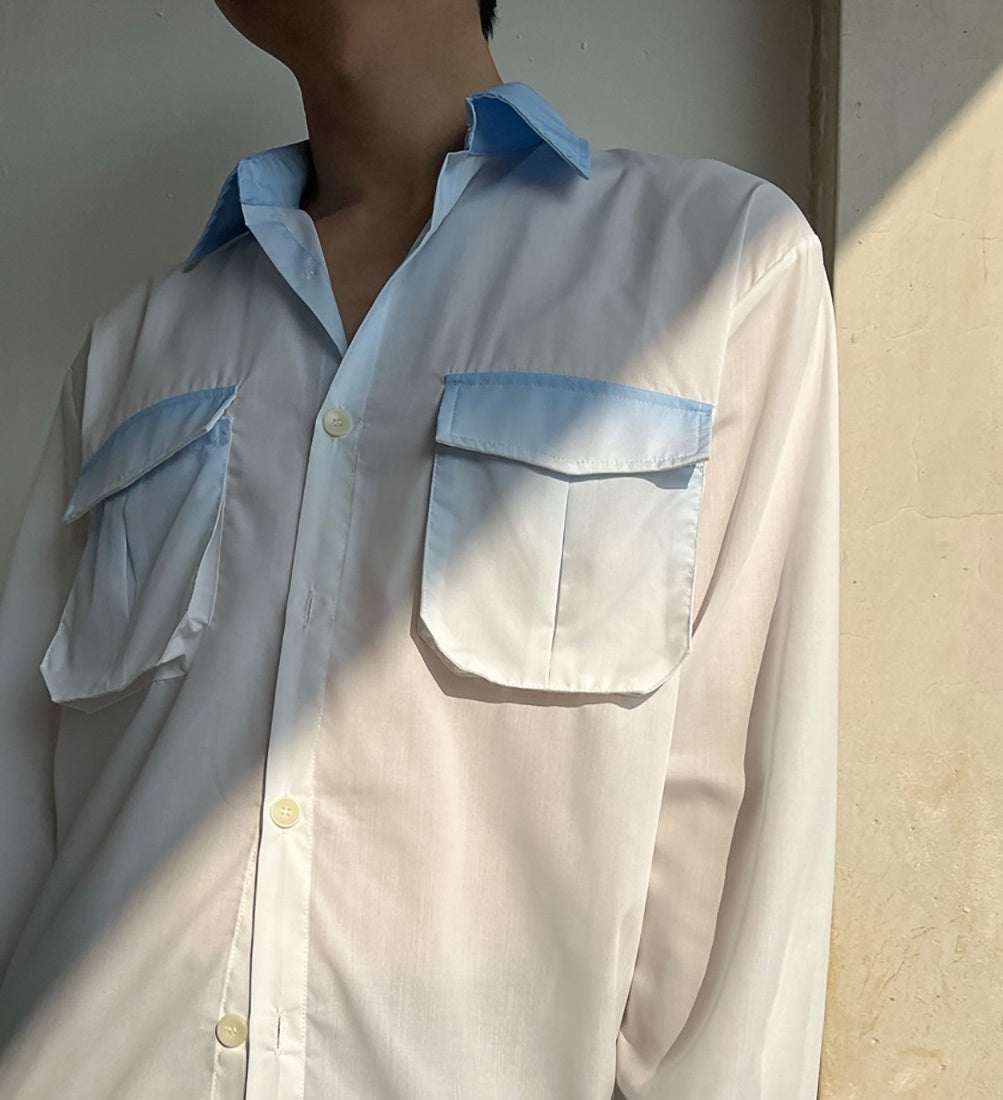 White Long Sleeves Shirt With Blue Ombre Details