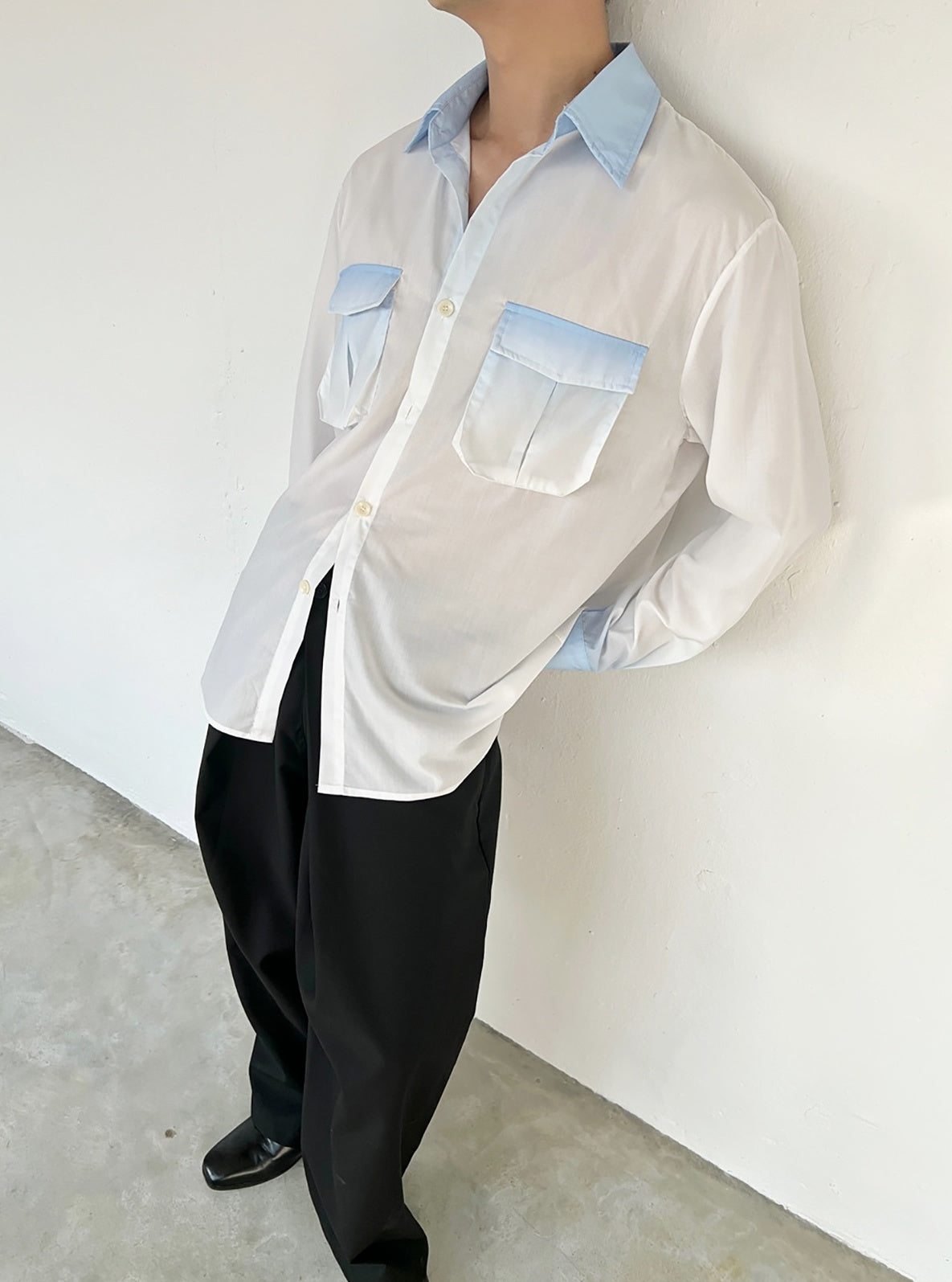 White Long Sleeves Shirt With Blue Ombre Details