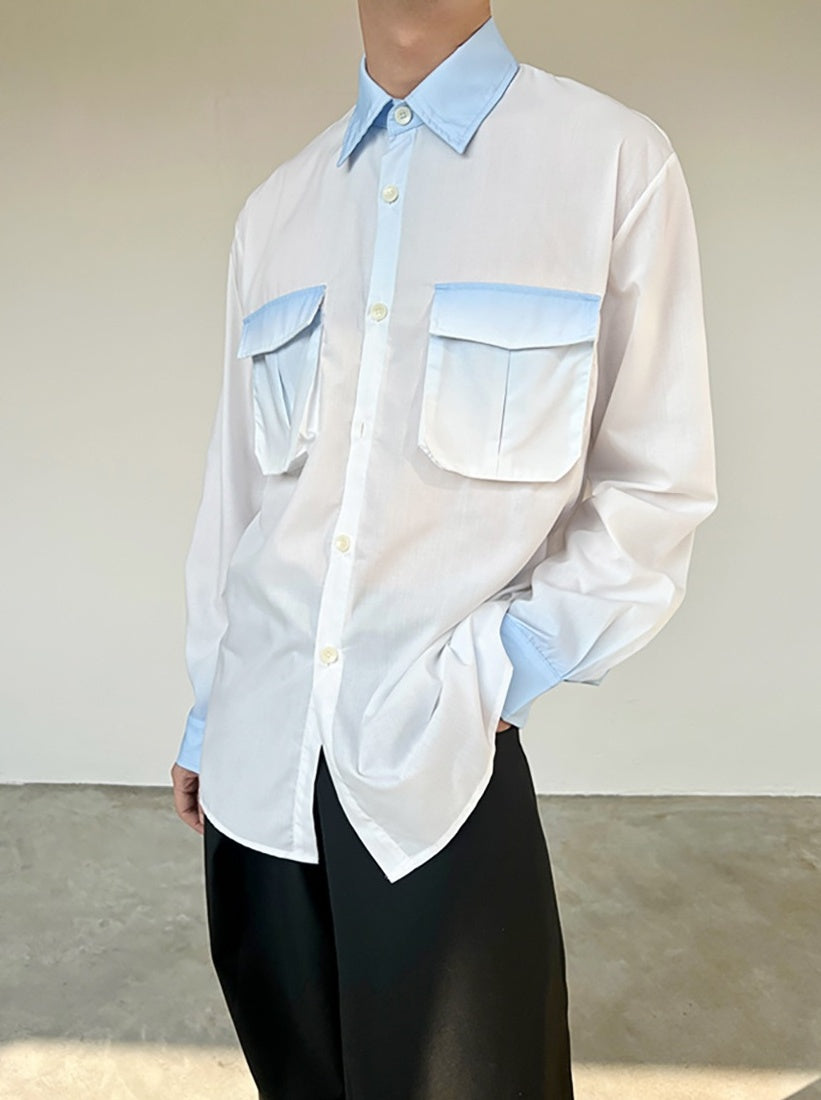 White Long Sleeves Shirt With Blue Ombre Details