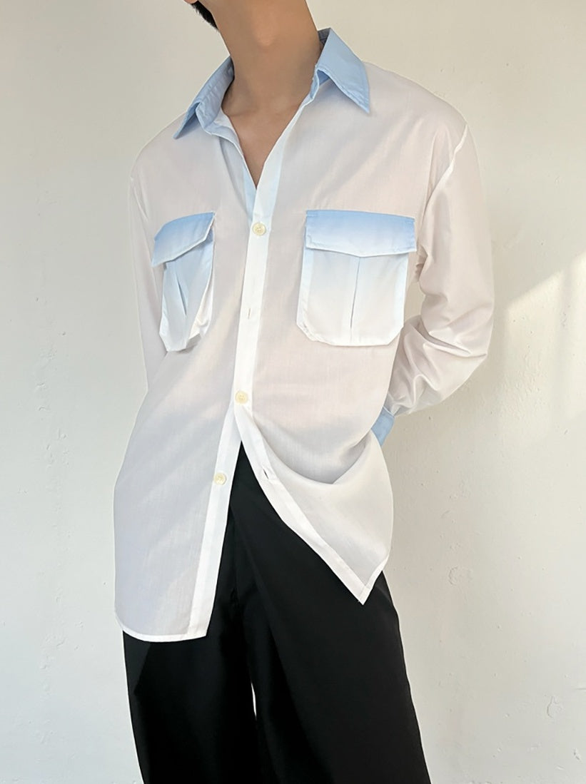 White Long Sleeves Shirt With Blue Ombre Details
