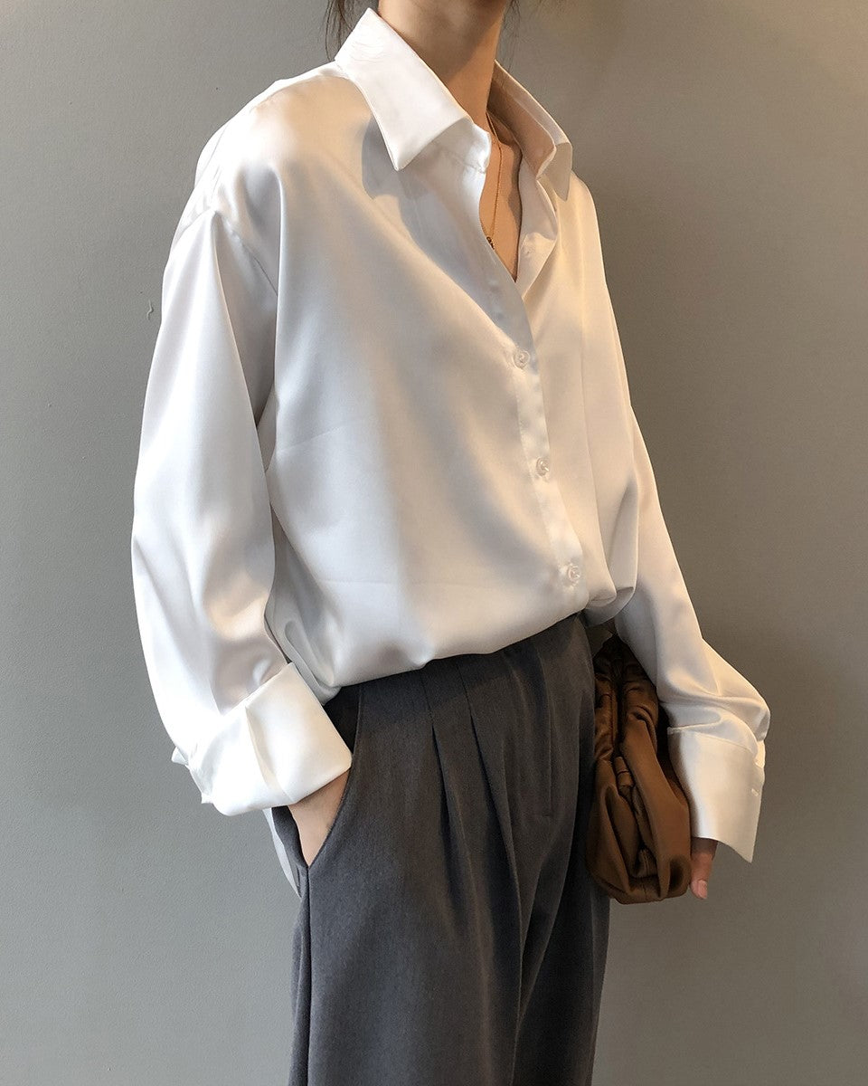 White Loose Satin Shirt