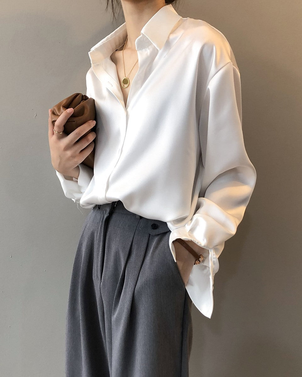 White Loose Satin Shirt