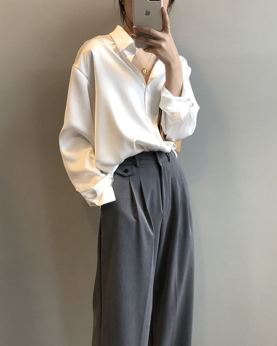 White Loose Satin Shirt