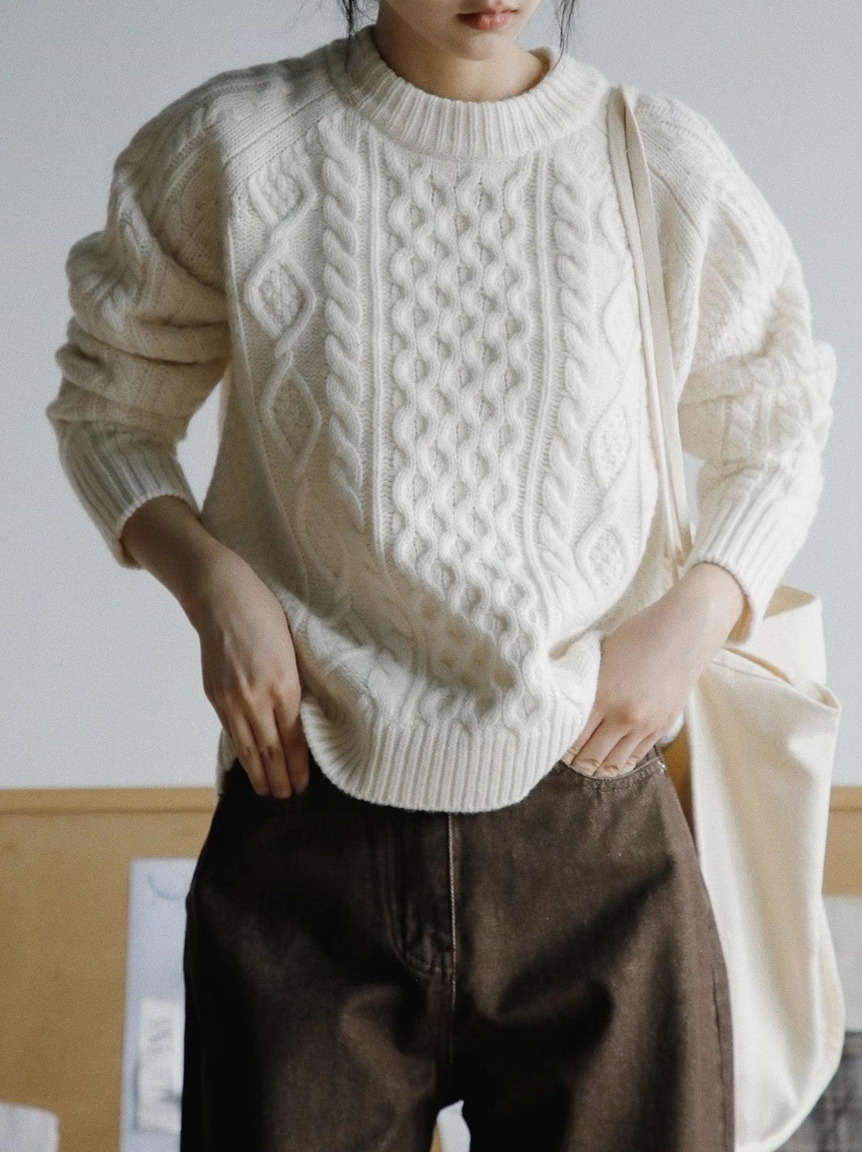 White Multi-Pattern Cable Knit Sweater