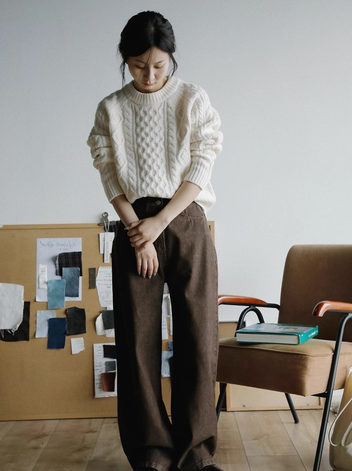 White Multi-Pattern Cable Knit Sweater