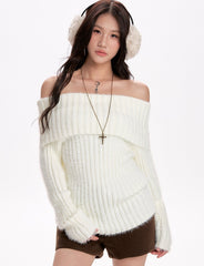 White Off Shoulder Ribbed Knit Top