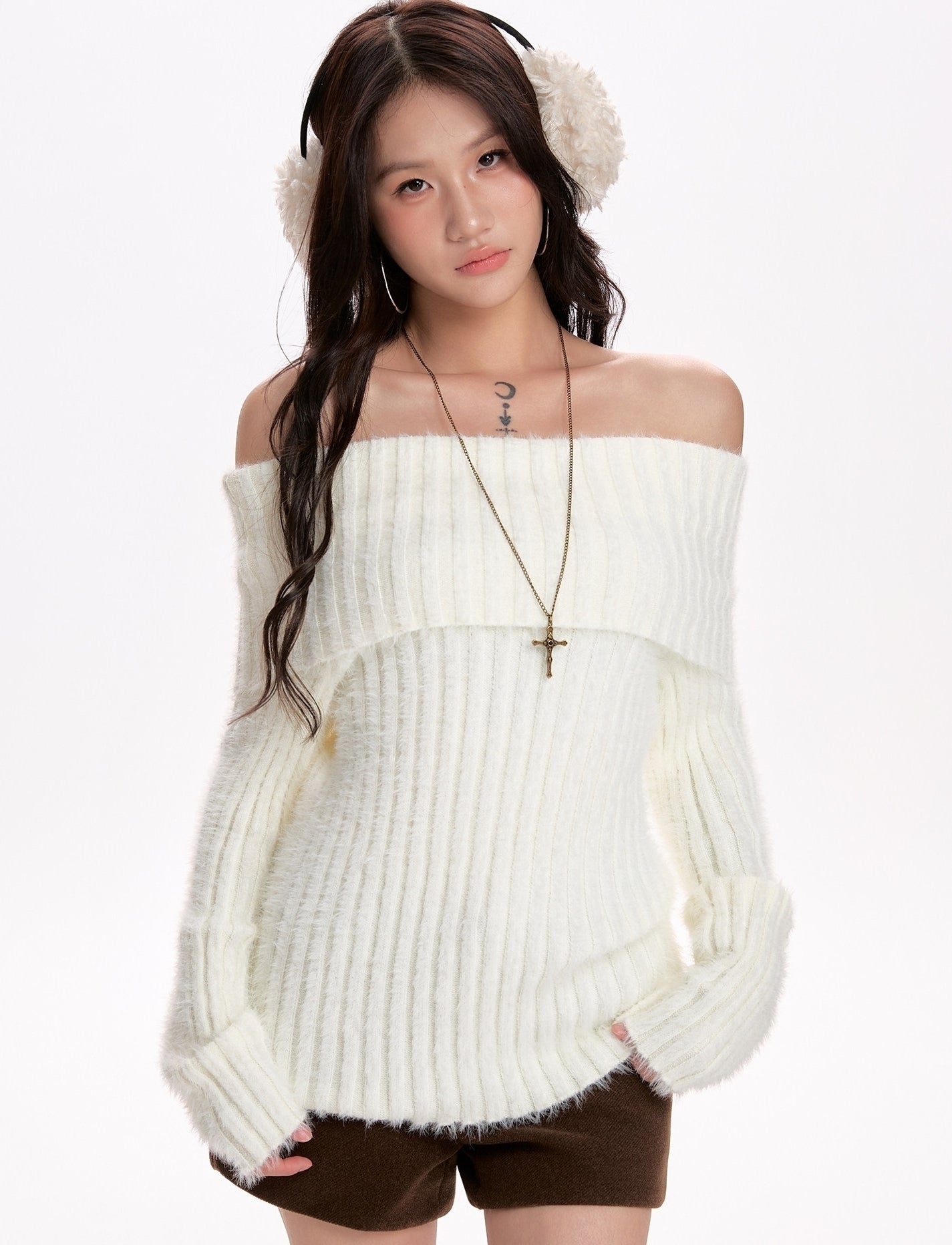 White Off Shoulder Ribbed Knit Top