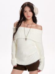 White Off Shoulder Ribbed Knit Top