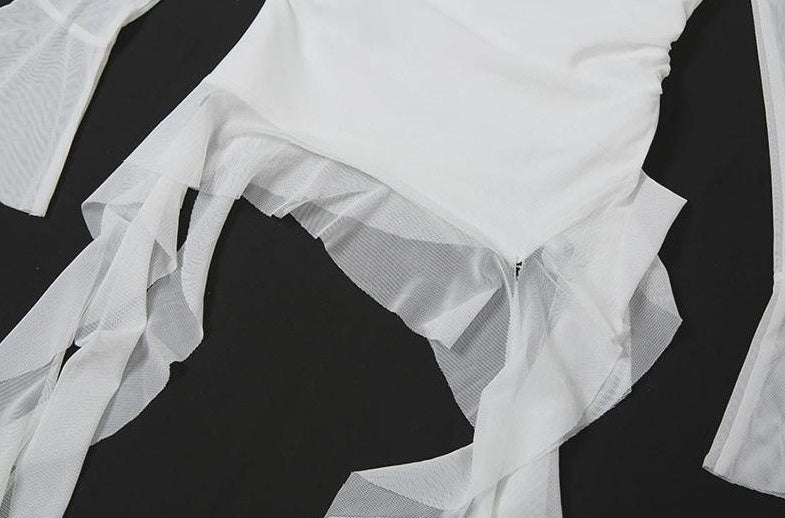 White Off-Shoulders Mesh Tassel Top