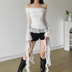 White Off-Shoulders Mesh Tassel Top