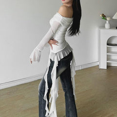 White Off-Shoulders Mesh Tassel Top